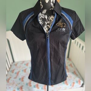 Harley Davidson Women’s Black and Blue Short Sleeve Zip-Up Shirt